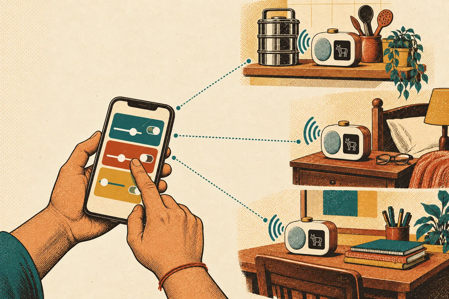 Two hands hold a phone showing simple controls, with dotted lines running to Nandi devices in a kitchen, on a bedside table and on a study desk.