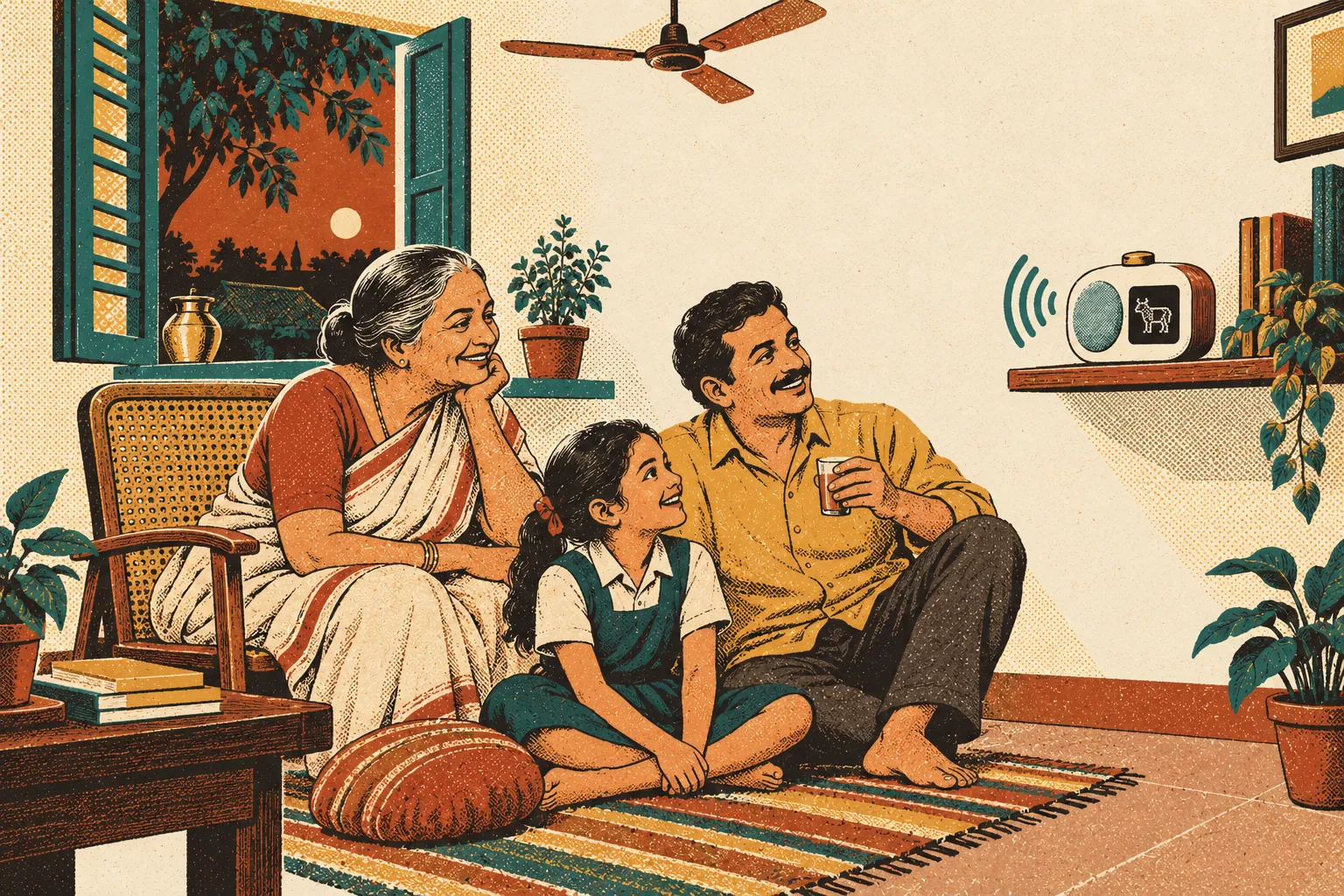 A grandmother, a father and a young girl in their living room smile at a Nandi device speaking from a wall shelf.