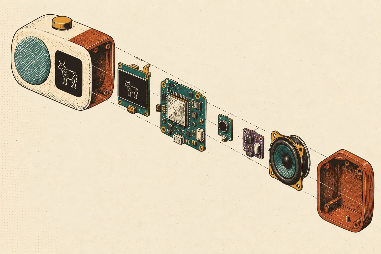 A vintage-style exploded drawing of the Nandi device showing its shell, screen, circuit board, microphone, amplifier and speaker.