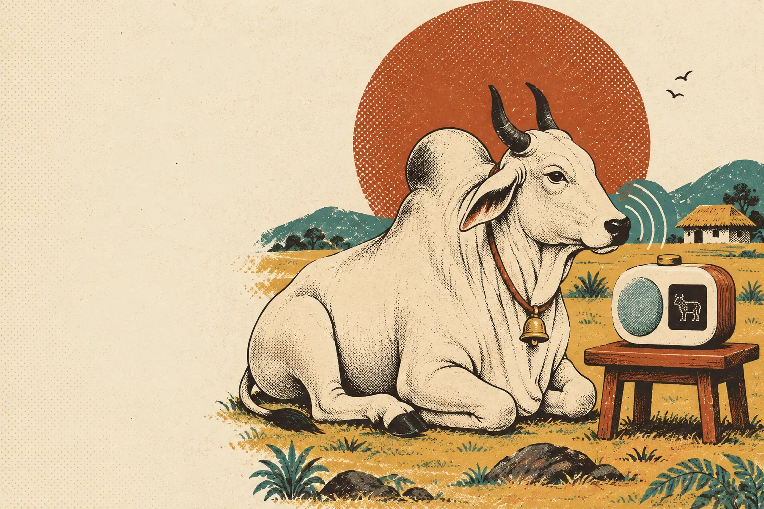 Nandi the bull resting in a field beside a small voice assistant on a wooden stool, sound waves rising from the device toward his ear, a red sun behind them.