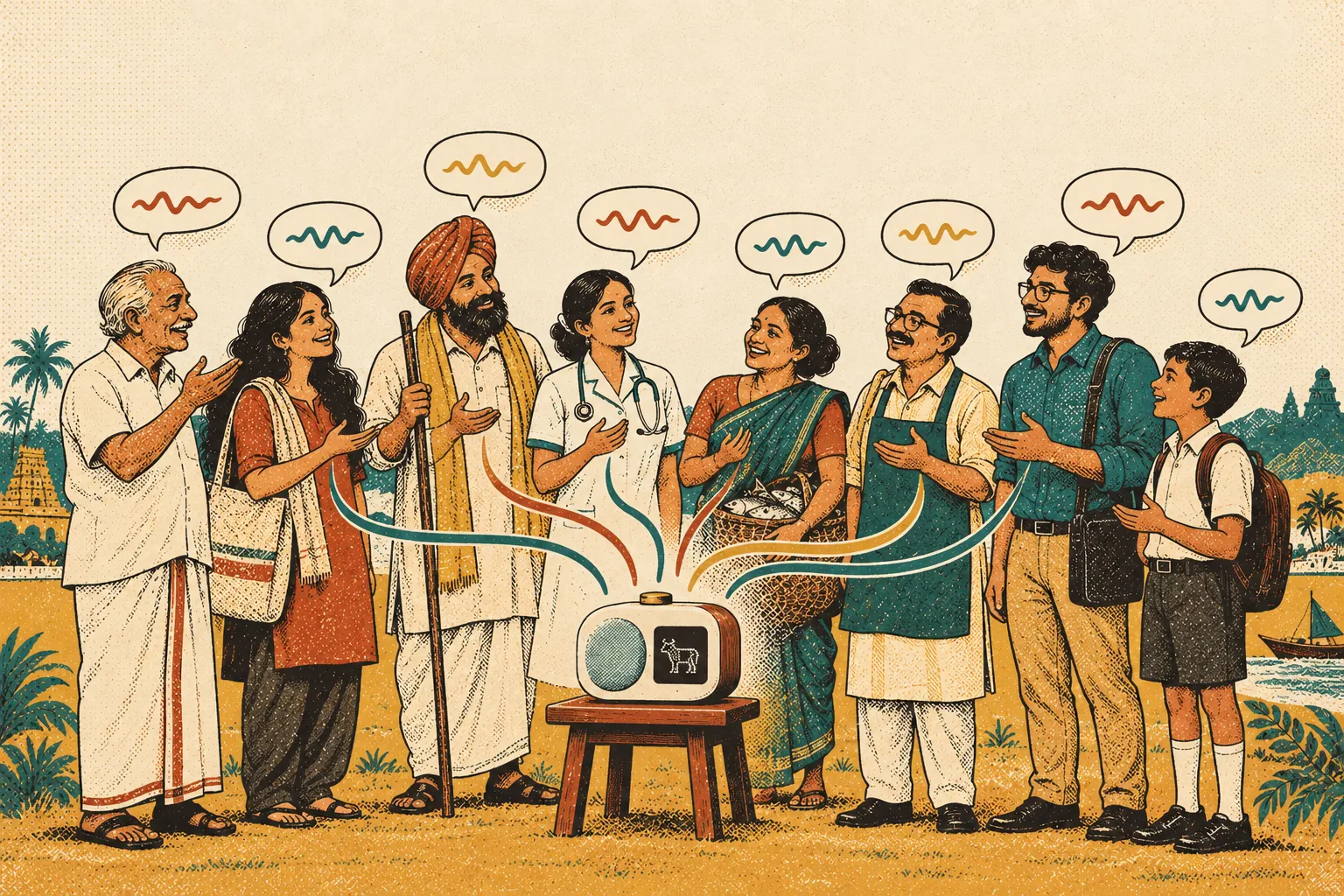 People from different parts of India speak toward one small Nandi device, their voices drawn as coloured ribbons flowing into it.